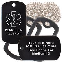 Custom 2 Pack - Penicillin Allergy Medical Alert ID Necklaces with Black Custom Tags, Black Silencers, and 30'' USA Chains