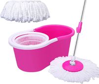 uznghou 360° Microfiber Spin Household Mop Bucket Floor Cleaning System Stainless Steel Extended Length Handle with with 2 Cotton Mop Heads (Pink)