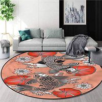 RUGSMAT Koi Fish Non Slip Round Rugs,Traditional Japanese Lily Design Non-Slip Fabric Round Rugs for Floor Mat Carpet Diameter-51