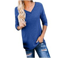 Womens Casual V-Neck Solid Blouses Tops Winter Basic Long Sleeve Loose Plus Size Tee Shirts Blue