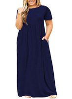 Nemidor Women Short Sleeve Loose Plain Casual Plus Size Long Maxi Dress with Pockets (Navy, 22W)