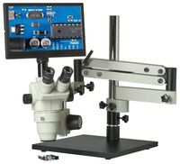 CX3-OM99T-V7 - 6.5x-45x - Trinocular Zoom Stereo Microscope - HDMI 1080p Microscope Camera - Integrated 11.6" Monitor - SD Card Slot - Articulating Bom Stand - 80 LED Ring Light