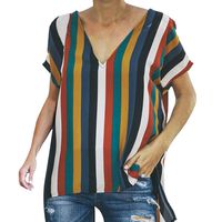 HIRIRI Colorful Striped Women Blouse Tank Crop Tops Short Sleeve V-Neck Casual Vest Loose Tee Shirt