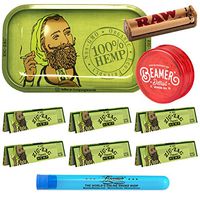 Zig Zag Organic Hemp Metal Rolling Tray, 6 Packs of Zig Zag King Size Organic Hemp Rolling Papers, 110mm Raw Roller, and Beamer 3-Piece Acrylic Grinder + Beamer Smoke Stickers