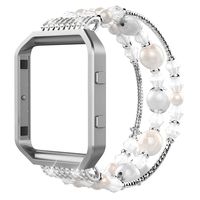 Simpeak Band Compatible with Fitbit Blaze, Small (6.3"), Beaded Elastic Bracelet Band Strap with Metal Frame Replacement for Fitbit Blaze, White