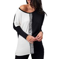 HIRIRI Sequins Glitter Women's Blouse Long Sleeve Color Block Casual Tank Tops Patchwork O-Neck Shirt White