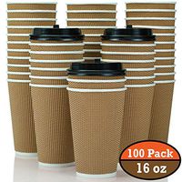 100 Pack 16 oz Disposable Coffee Cups with Lids - Fully Insulated Double Walled Paper Coffee Cups with Lids - to Go Coffee Cups Leak Proof - Microwaveable Hot Cups with Lids - to Go Cups FDA Approved