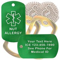 Custom 2 Pack - Nut Allergy Medical Alert ID Necklaces with Green Custom Tags, Camo Forest Silencers, and 30'' USA Chains