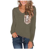 Women's Sequin Pocket Summer Tops Short Sleeves V Neck T Shirt Casual Basic Tees with Side Slits Army Green