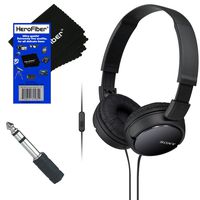 Sony MDRZX110AP ZX Series Extra Bass Smartphone Headset with Mic (Black) + 3.5mm Mini Plug to 1/4 inch Headphone Adapter & HeroFiber Ultra Gentle Cleaning Cloth