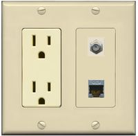 RiteAV - 15 Amp Power Outlet and 1 Port Coax Cable TV- F-Type and 1 Port Shielded Cat6 Ethernet Decorative Type Wall Plate - Ivory
