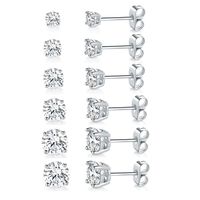 18K White Gold Plated 4 Pong Round Clear Cubic Zirconia Stud Earring Pack of 6 Pairs (6 Pairs)
