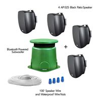 Outdoor Powered Bluetooth 100W Subwoofer with (4) AP525 Black Surface Mount Patio Speakers | Omni-Directional 360° Sound | IP67 Weatherproof Power Supply | Easy Set-up | NO Amplifier Needed - BOM4.1