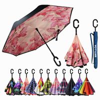 MRTLLOA Double Layer Inverted Umbrella with C-Shaped Handle, Anti-UV Waterproof Windproof Straight Umbrella for Car Rain Outdoor Use (N-Peach Blossom)