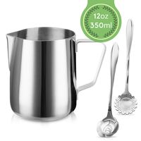 Milk Frothing Pitcher Jug - 12oz/350ML Stainless Steel Coffee Tools Cup - Suitable for Espresso, Latte Art and Frothing Milk, Attached Dessert Coffee Spoons