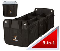 Tuff Viking Convertible Large 3 Compartment SUV Trunk Organizer | Grocery Organizer w Tie Down Straps and Insulated Leakproof Cooler Bag for Cars, Trucks and SUVs. Patented (3-in-1 w/Cooler, Black)