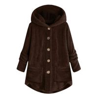 Women Winter Fleece Coat Winter Warm Plus Size Plush Pullover Long Sleeve Hooded Button Parka Overcoat Coffee