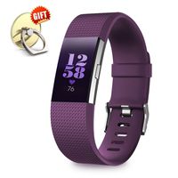 IYOU Compatible for Fitbit Charge 2 Replacement Bands, Classic Edition Adjustable Silicone Sport Wristbands Fitbit Charge 2 Bands for Women and Men, Plum, Large,【Gift】 1X Finger Ring Stand