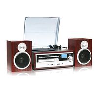 TechPlay 3-Speed Turntable with CD / MP3 / Cassette / SD Card / USB player, Digital AM / FM Radio, AUX IN, Line out Alarm CLOCK , Remote and External Speakers- Wood