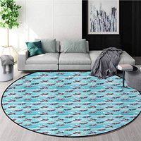 DESPKON-HOME Vintage Airplane Art Deco Pattern Non-Slip Round Area Rug,Retro Colorful Propeller Planes On Horizontal Striped Backdrop with Dots Foam Mat Bedroom Decor Bedroom Round-59 Inch,Multicolor
