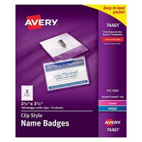 Avery Clip Name Badges, Print or Write, 2-1/4" x 3-1/2", 100 Inserts & Badge Holders with Clips (74461)