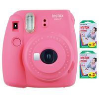 Fujifilm Instax Mini 9 Instant Camera (Flamingo Pink) with 2 x Instant Twin Film Pack (40 Exposures) (Renewed)