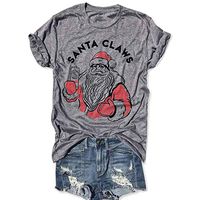 Winsummer Christmas Shirts for Women's Christmas Santa Claws Short Sleeve Round Neck T Shirt Funny Christmas Graphic Tee Tops Gray