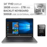 HP 2020 14" FHD IPS Laptop, 10th Gen i5-1035G4 1.10 GHz, 16GB RAM, 1TB SSD,Backlit Keyboard,No DVD,Wi-Fi,Bluetooth,Webcam,HDMI,Windows 10 S,500GB USB 3.0 External HDD
