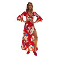 Wrap Dress Hawaii Sundress Long Maxi Dress Women V Neck Floral Boho Dress (M, Red)