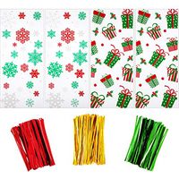 100 Pieces Christmas Cellophane Bags Candy Gift Bags Goodies Treat Bags with 150 Pieces Twist Ties for Christmas Party, 2