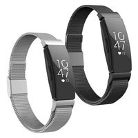 POY Compatible with Fitbit Inspire Hr Bands, Stainless Steel Replacement for Fitbit Inspire and Ace 2 Metal Loop Bracelet Sweatproof Wristbands for Women Men 2 Packs Silver Black Large