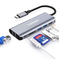 USB-C Hub, 6 in 1 Type C Hub, 4K USB C to HDMI Gigabit Ethernet Adapters, 2 USB 3.0 Port USBC Charging Hub with SD/TF Card Reader Portable for MacBook Pro 2018 and Other Type-C Laptops CORNMI (Grey)