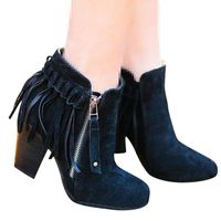 Dainzuy Women's Tassel Bootie Sueded Fringe Western Chunky Stacked High Heel Bootie Side ZipThick Short Boots Black