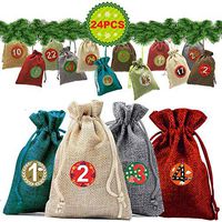 CHUHE 24pcs Christmas Gift Wrapping Bags,1-24 Advent Numbers Stickers Holiday Treats Bags Christmas Party Favor Pouch Cloth Bags