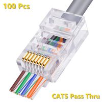 Yankok [Cat5e Pass Through Connectors] Gold Plated Cat5 RJ45 Modular Plugs 100 Pcs Per Jar - Easy and Fast Termination - (Unshielded, Jar Pack, 100/Jar) YKNC005FU