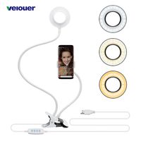 Velouer Cell Phone Holder with Selfie Ring Light for Live Stream,Dimmable [3-Light Mode][10-Level Brightness] Clamp on Gooseneck Mount with Selfie Ring Light for Youtube, Facebook, iphone 7,6/plus,Sam