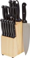 AmazonBasics 14-Piece Kitchen Knife Set with High-Carbon Stainless-Steel Blades and Pine Wood Block