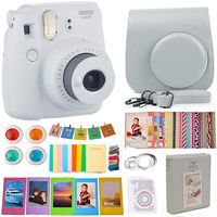 Fujifilm Instax Mini 9 Instant Camera Smoky White Bundle Includes Carrying Case + Frames + Photo Album + 4 Color Filters and More Accessories Kit
