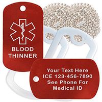 Custom 2 Pack - Blood Thinner Medical Alert ID Necklaces with Red Custom Tags, White Silencers, and 30'' USA Chains