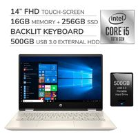 HP Pavilion x360 2-in-1 2020 14 FHD Touch-Screen Laptop,10th Gen Intel i5-10210U ,16GB RAM, 256GB SSD,Backlit Keyboard,No DVD,Wi-Fi,Bluetooth,Webcam,HDMI,Win 10,500GB USB 3.0 External Hard Drive