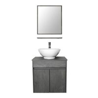 LUCKWIND Bathroom Vanity Vessel Sink Combo - Wall Mount Mirror Ceramic Porcelain Vessel Sink Faucet Drain Chrome Single Cabinet Shelf Storage Suite 2 Doors Top MDF-Eco Wooden Modern Grey Rectangular