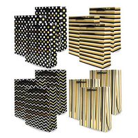 UNIQOOO 12Pcs Premium Assorted Black & Gold Foil Metallic Gift Bags Bulk,Silk Ribbon,100% Recyclable Heavy Duty for Easter Stuffer, Wedding,Bridal Shower,Birthday,12.5x10.5x4 Inch