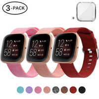 3 Pack Bands Compatible with Fitbit Versa/Fitbit Versa 2 / Fitbit Versa Lite for Women Men, Breathable Woven Fabric Strap, Adjustable Replacement Wristband (Large, Orange/Pink/Red)