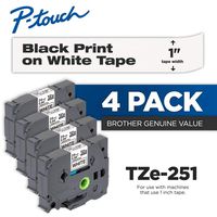 Brother Genuine P-Touch 4-Pack TZe-251 Laminated Tape, Black Print on White Standard Adhesive Laminated Tape for P-Touch Label Makers, Each Roll is 0.94"/24mm (~ 1") Wide, 26.2 ft. (8M) Long