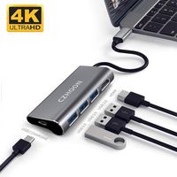 USB C to USB Hub, CZHOON Portable Aluminum USB Type C Adapter with 3 USB 3.0 Ports USB C to 4K HDMI & USB C Charging Port, Compatible with MacBook Pro Nintendo Switch and Windows Type C Laptops - Grey