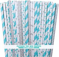 Outside the Box Papers Cinderella Theme Chevron, Star, Polka Dot and Striped Paper Straws 7.75 Inches 100 Pack Light Blue, Silver, White