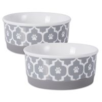 DII Bone Dry Lattice Ceramic Pet Bowl for Food & Water with Non-Skid Silicone Rim for Dogs and Cats (Small - 4.25" Dia x 2"H) Gray - Set of 2