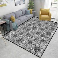 Black and White Paisley Customize Door Mats for Home Mat, Botanical Gardening Plants Hand Drawn Style Dahlia Burst into Blossom, Easy Maintenance Area Rug Living Room Bedroom Carpet(3'x 5')