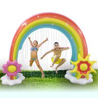 Rabosky Inflatable Rainbow Water Sprinkler, Huge Outdoor Yard Water Toys for Toddlers and Kids, Unique Asymmetrical Design, 86" 70", 2 Big Inflatable Frisbee Bring Kids More Summer Water Fun
