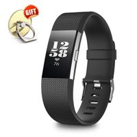 IYOU Compatible for Fitbit Charge 2 Replacement Bands, Classic Edition Adjustable Silicone Sport Wristbands Fitbit Charge 2 Bands for Women and Men, Black, Small,【Gift】 1X Finger Ring Stand